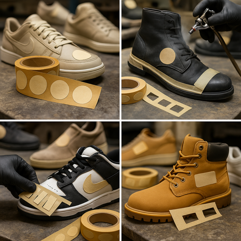 Băng dính giấy die-cut định hình theo contour logo, đảm bảo che chắn chuẩn xác cho các thương hiệu lớn.